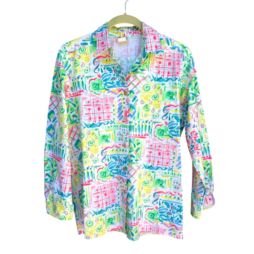 Vintage 80s Manor House Cotton Floral Button Down Shirt Pastel Sz. 6 Fits Large